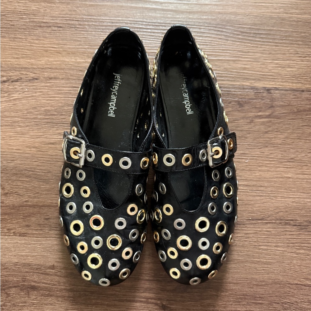 Jeffrey Campbell Black Mary Jane Flats with Gold & Silver Grommets - Picture 2 of 3